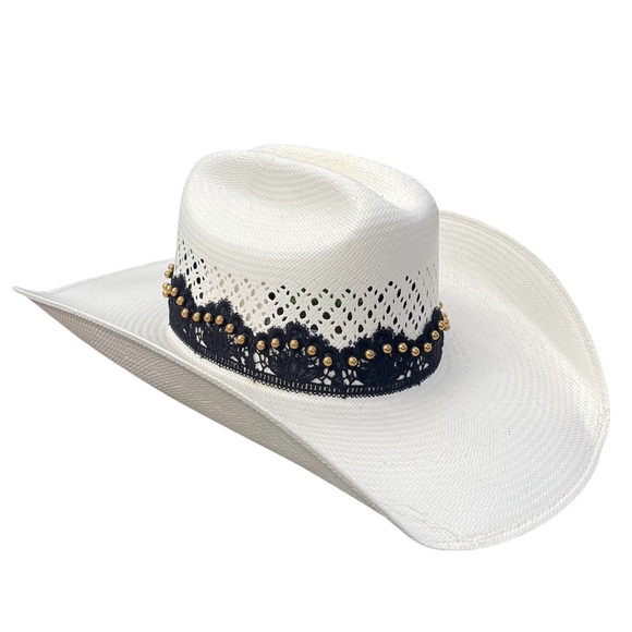 Master Hatters of Texas straw cowgirl hat hard white lace trim gold beads - Picture 3 of 6